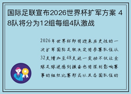 国际足联宣布2026世界杯扩军方案 48队将分为12组每组4队激战
