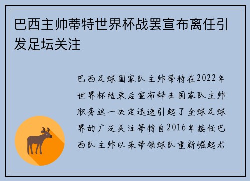 巴西主帅蒂特世界杯战罢宣布离任引发足坛关注 巴西主帅蒂特世界杯战罢宣布离任引发足坛关注